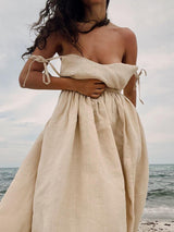 Sexy Backless V Neck Tie Shoulder Resort Linen Slip Maxi Dress