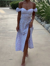 Sexy Bustier Puff Sleeve Lace Up Back Resort Split Floral Midi Dress