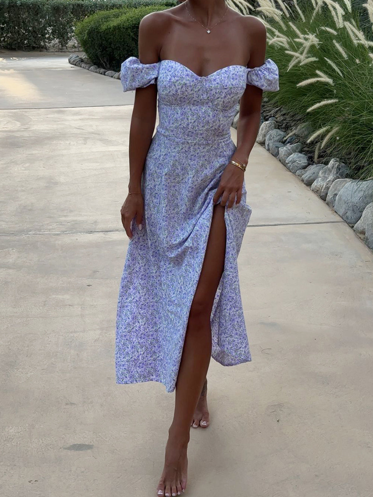 Sexy Bustier Puff Sleeve Lace Up Back Resort Split Floral Midi Dress