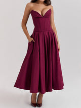 Sexy Bustier Strapless Corset Fit & Flare Resort Pleated Midi Dress