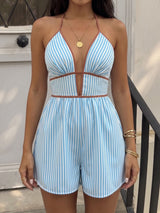 Sexy Contrast Trim Plunge Halter Striped Resort Wide Leg Romper