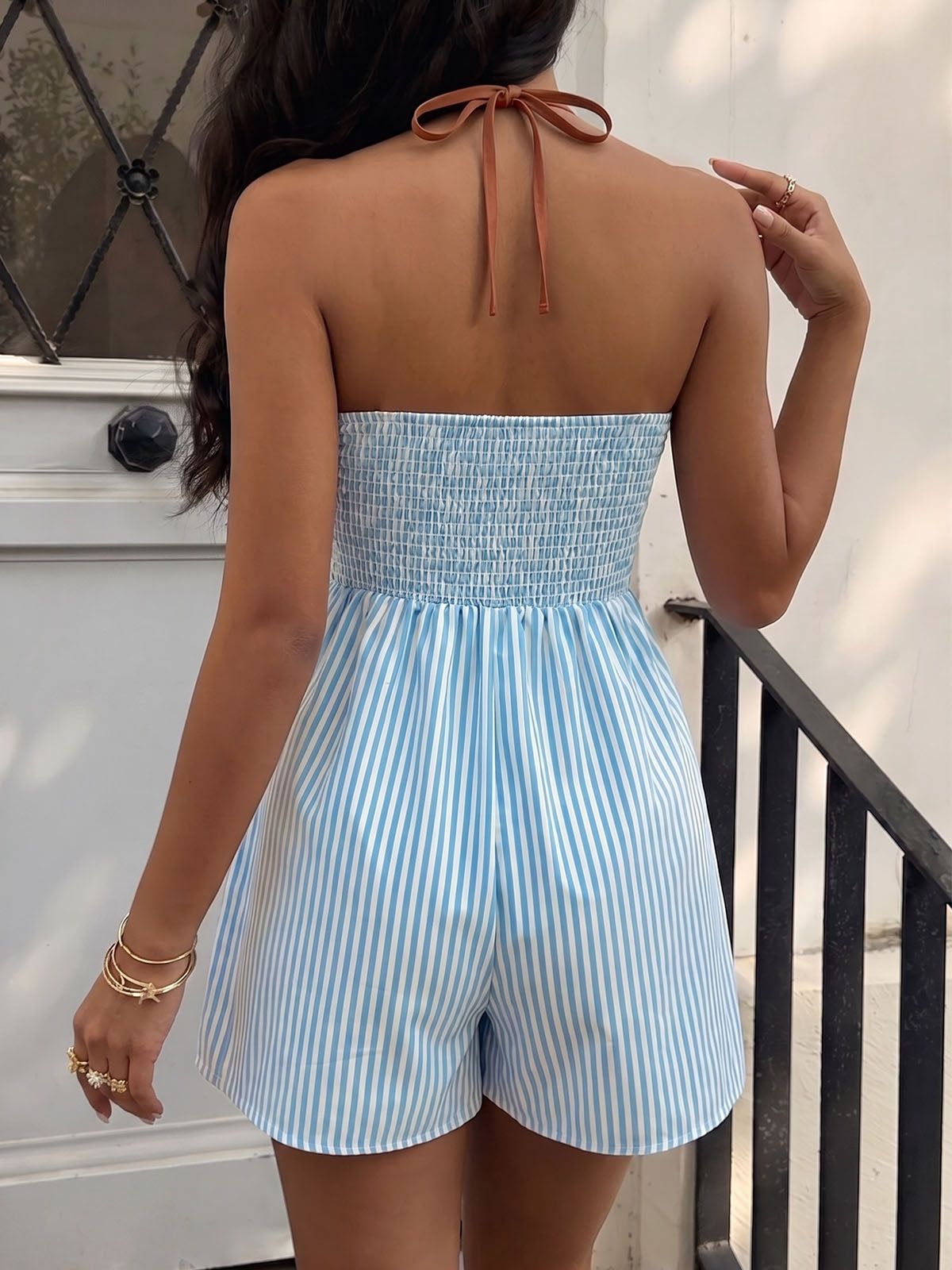 Sexy Contrast Trim Plunge Halter Striped Resort Wide Leg Romper