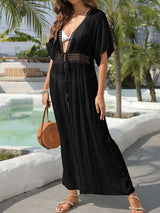 Sexy Crochet Deep V Short Sleeve Tie Waist Beach Chiffon Midi Cover Up