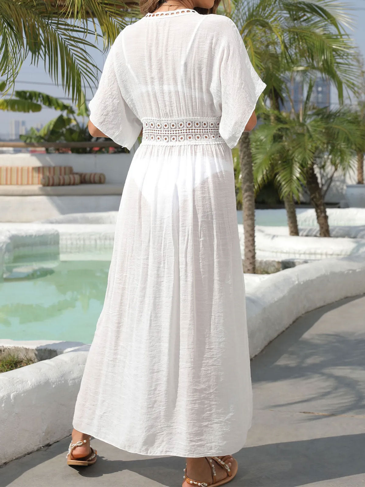 Sexy Crochet Deep V Short Sleeve Tie Waist Beach Chiffon Midi Cover Up