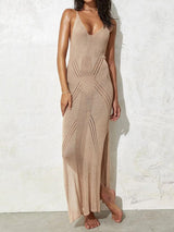 Sexy Deep V Neck Sleeveless Open Knit Slit Beach Crochet Maxi Dress