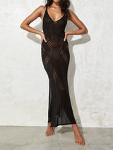 Sexy Deep V Neck Sleeveless Open Knit Slit Beach Crochet Maxi Dress