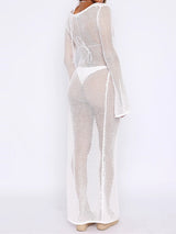 Sexy Deep V Tie Front Flared Sleeve Beach Crochet Cover Up Maxi Dress