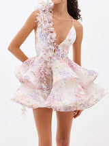 Sexy Lace Up 3D Flower Deep V Resort Organza Floral Tiered Mini Dress