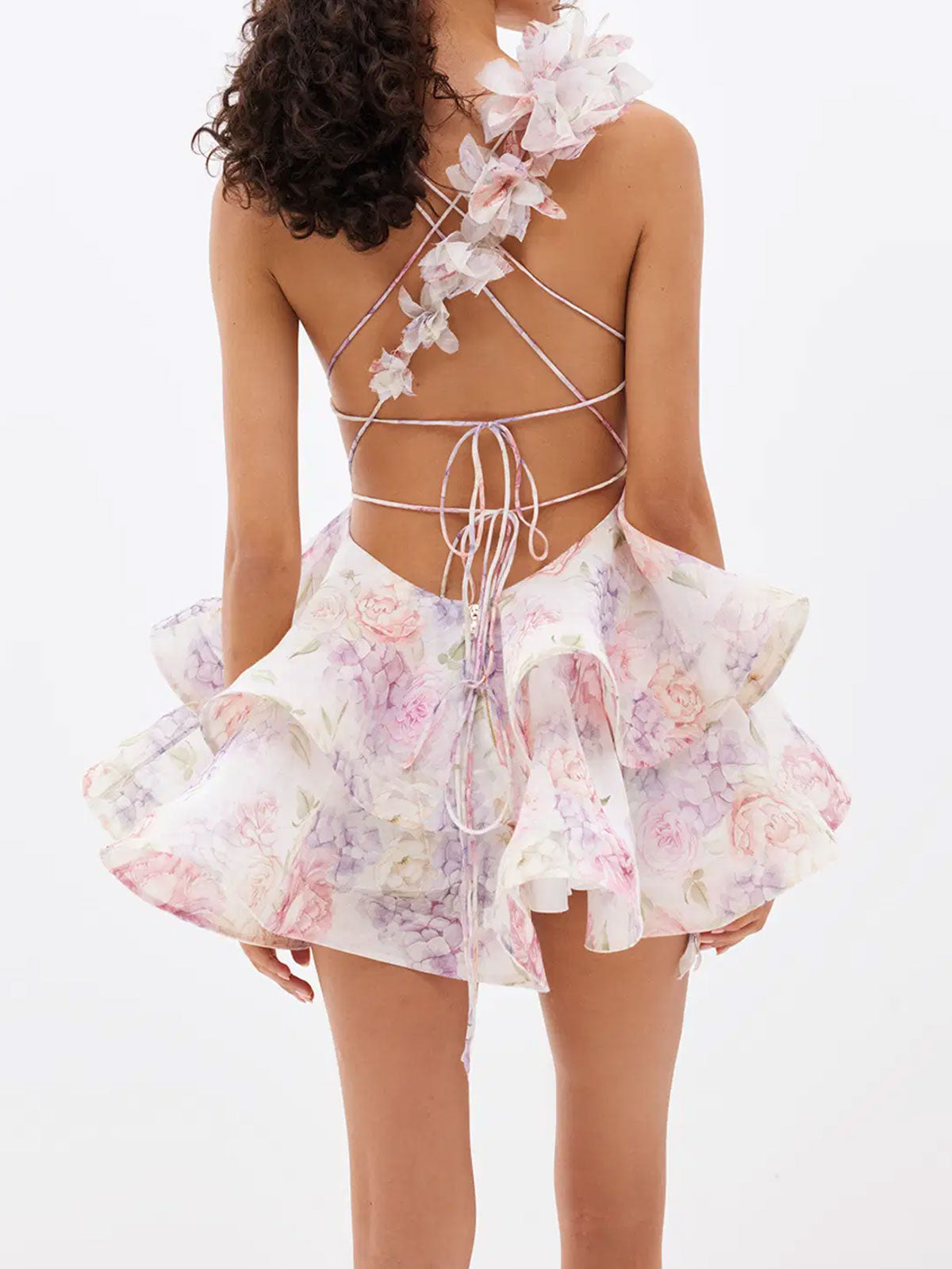 Sexy Lace Up 3D Flower Deep V Resort Organza Floral Tiered Mini Dress