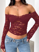 Sexy Off Shoulder Bandeau Layer Long Sleeve Resort Crop Lace Top