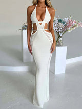 Sexy Plunge Halter Tie Backless Cutout Beach Crochet Knit Maxi Dress