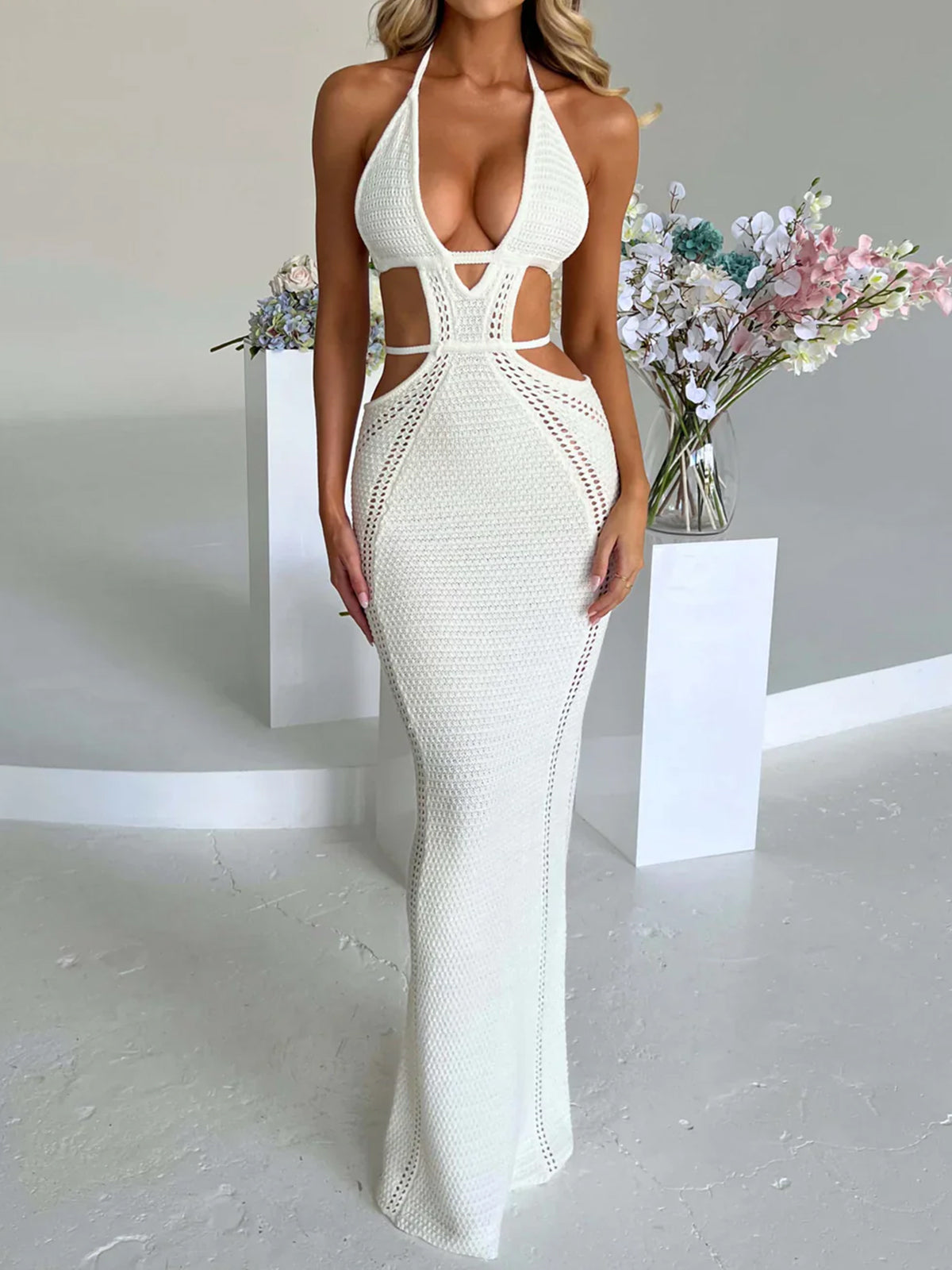 Sexy Plunge Halter Tie Backless Cutout Beach Crochet Knit Maxi Dress