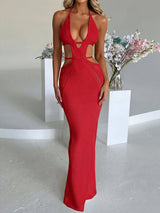Sexy Plunge Halter Tie Backless Cutout Beach Crochet Knit Maxi Dress