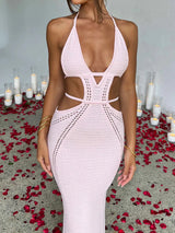 Sexy Plunge Halter Tie Backless Cutout Beach Crochet Knit Maxi Dress
