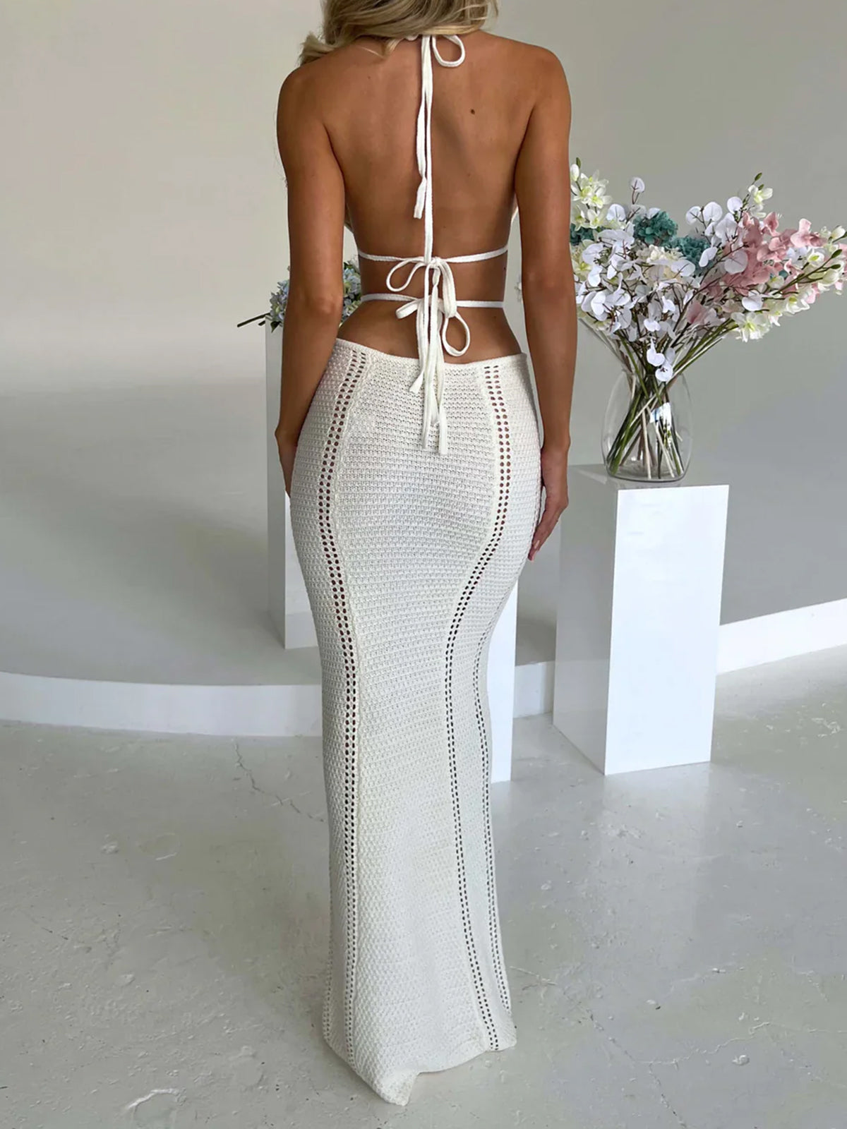 Sexy Plunge Halter Tie Backless Cutout Beach Crochet Knit Maxi Dress