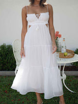 Sexy Ruffle Tie Neck Cutout Resort Crinkled Tiered Midi Sundress