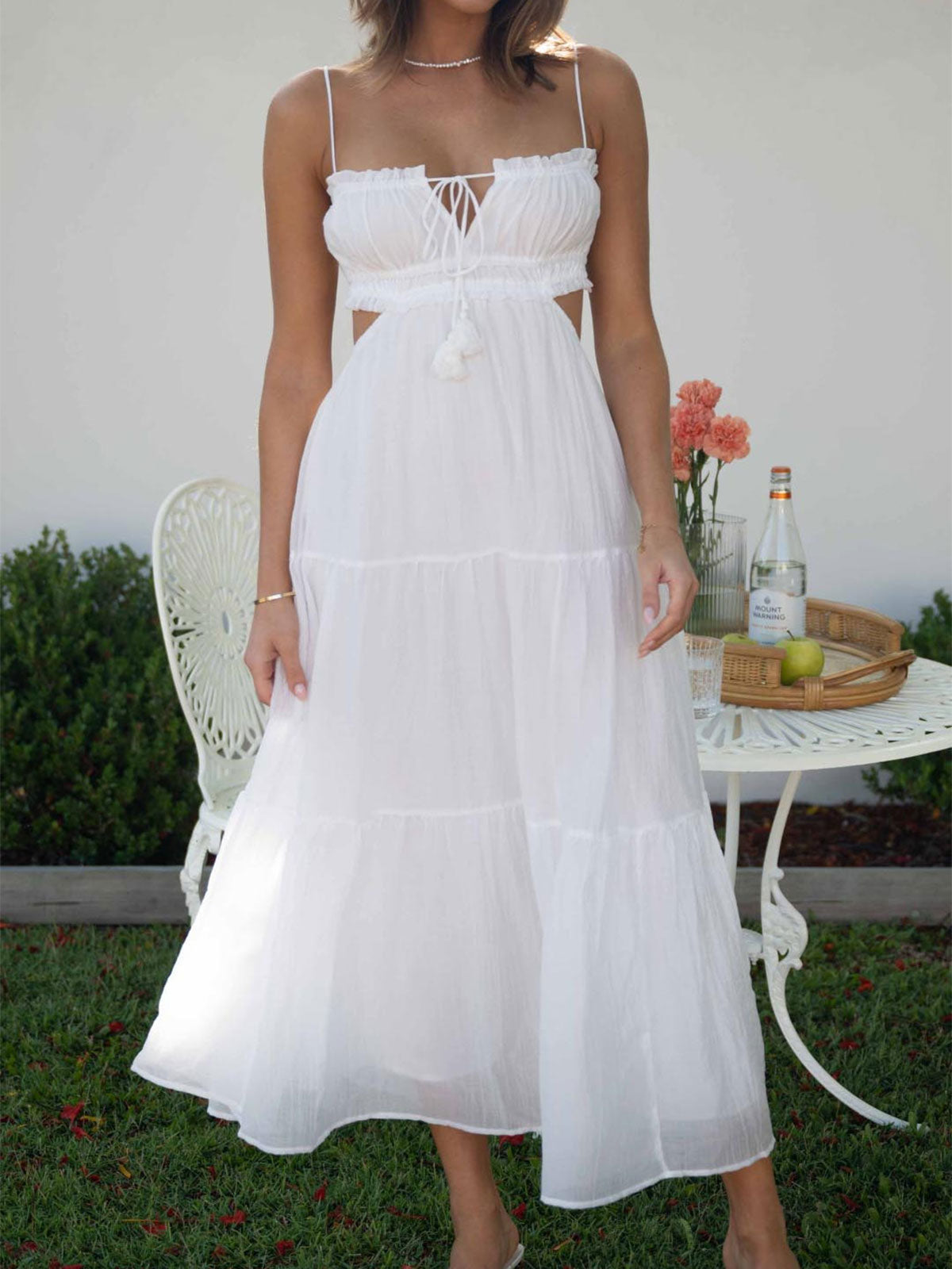Sexy Ruffle Tie Neck Cutout Resort Crinkled Tiered Midi Sundress