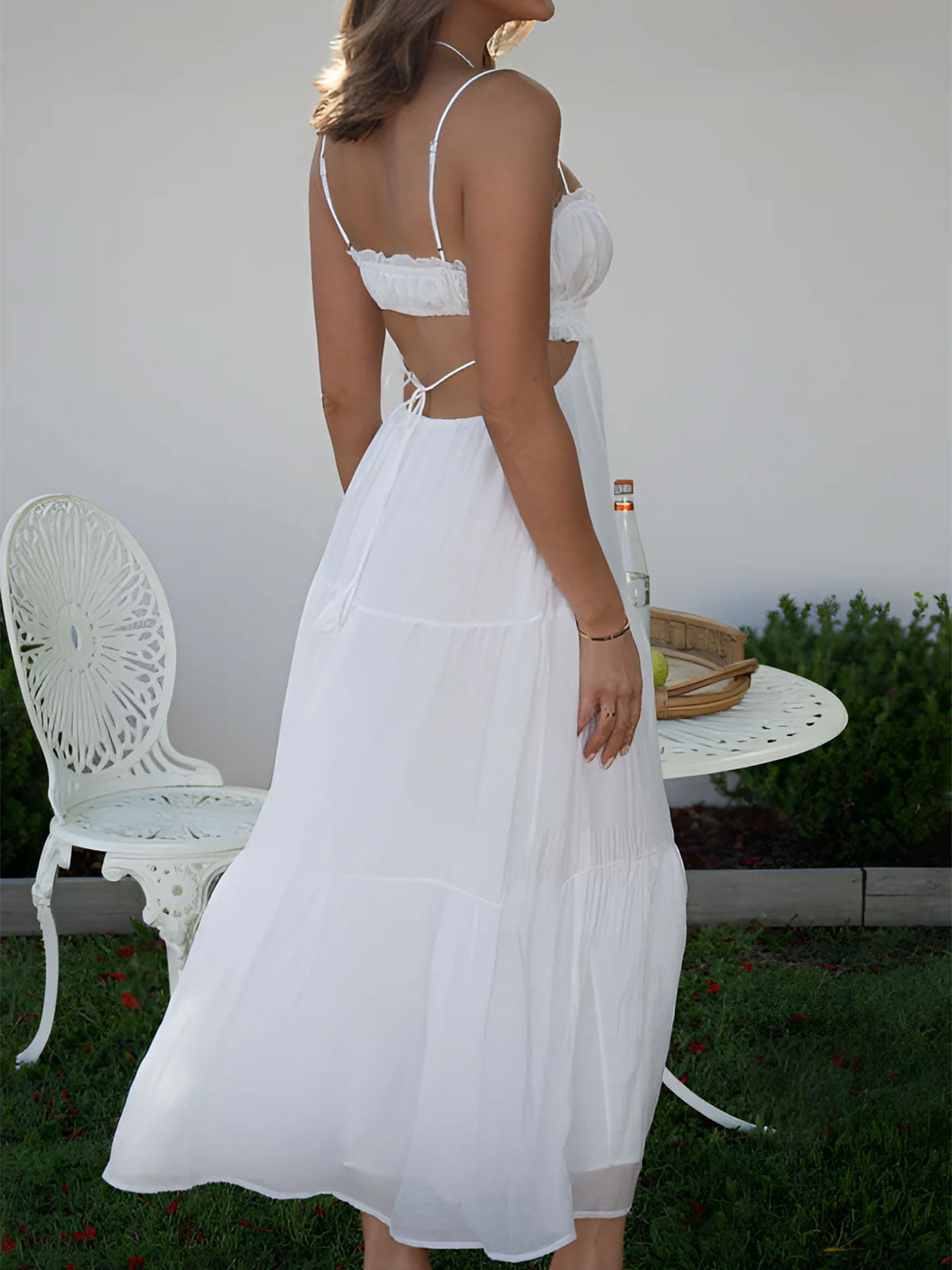 Sexy Ruffle Tie Neck Cutout Resort Crinkled Tiered Midi Sundress