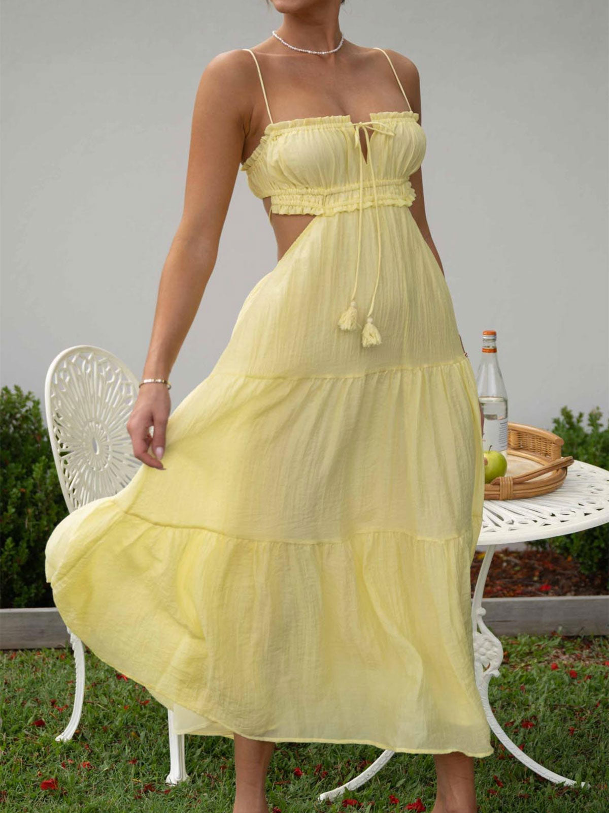 Sexy Ruffle Tie Neck Cutout Resort Crinkled Tiered Midi Sundress
