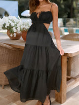 Sexy Ruffle Tie Neck Cutout Resort Crinkled Tiered Midi Sundress