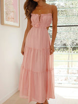 Sexy Ruffle Tie Neck Cutout Resort Crinkled Tiered Midi Sundress