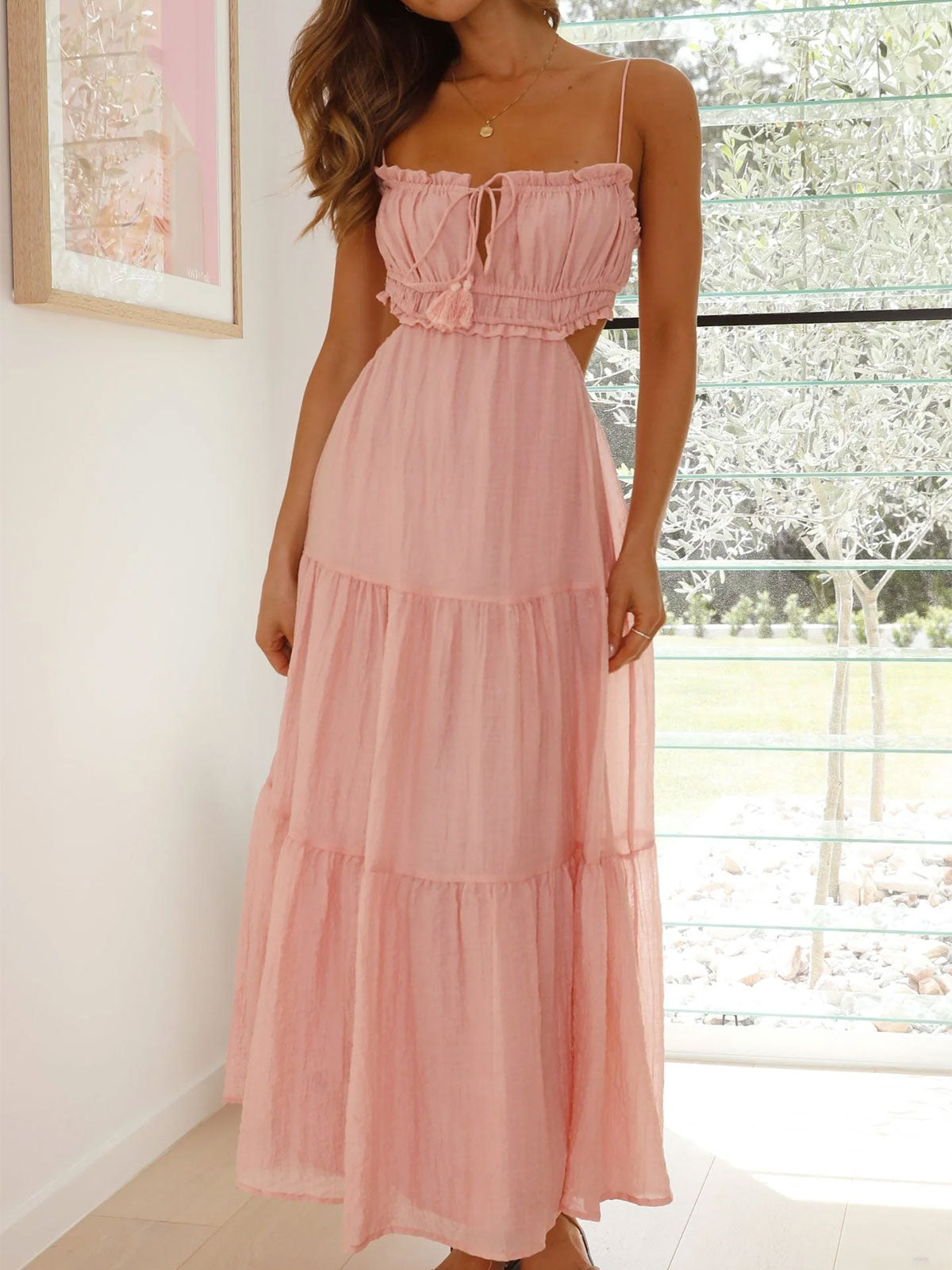 Sexy Ruffle Tie Neck Cutout Resort Crinkled Tiered Midi Sundress