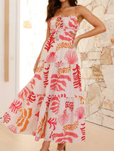 Sexy Ruffle Tie Neck Cutout Resort Crinkled Tiered Midi Sundress