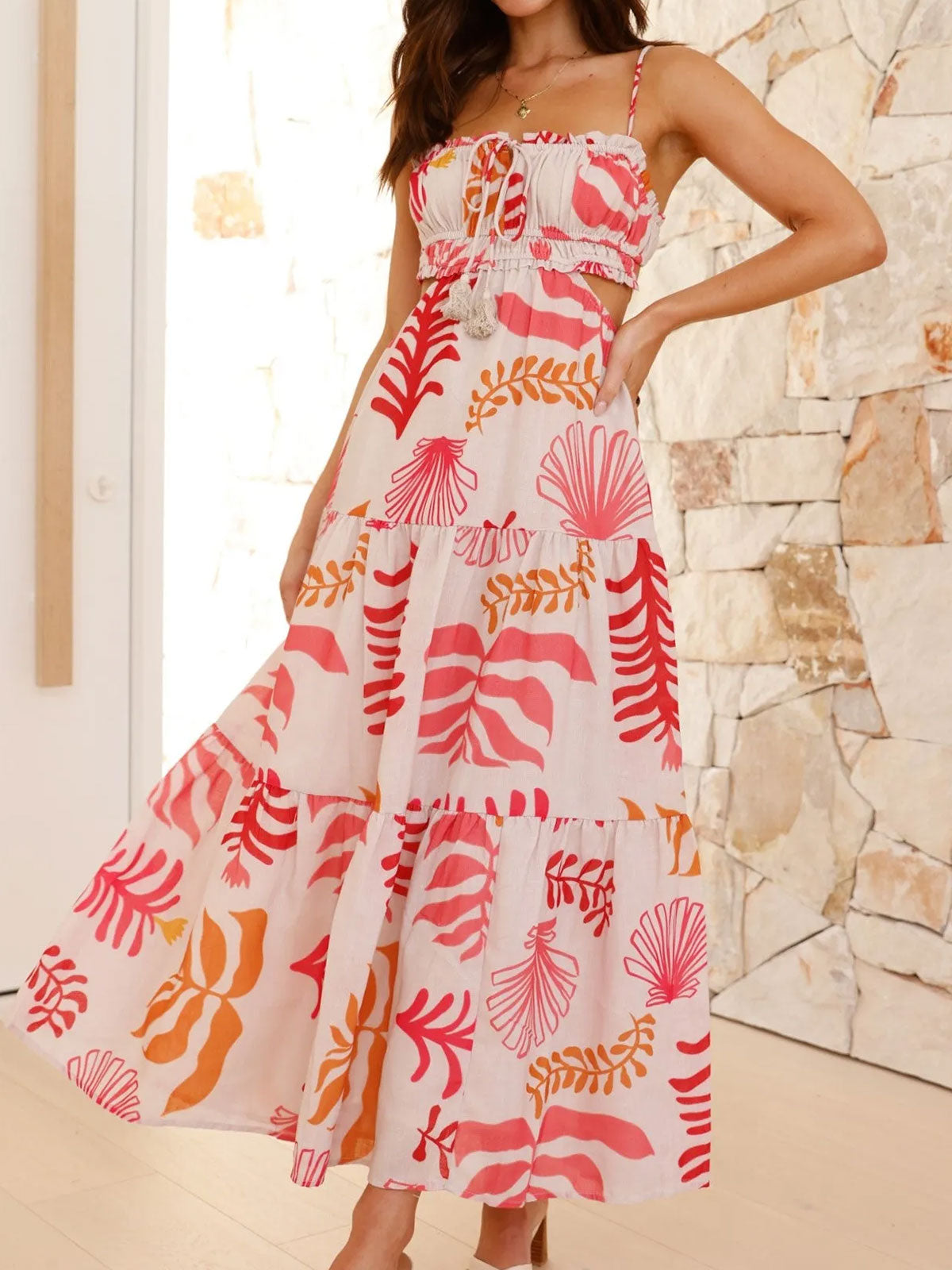Sexy Ruffle Tie Neck Cutout Resort Crinkled Tiered Midi Sundress