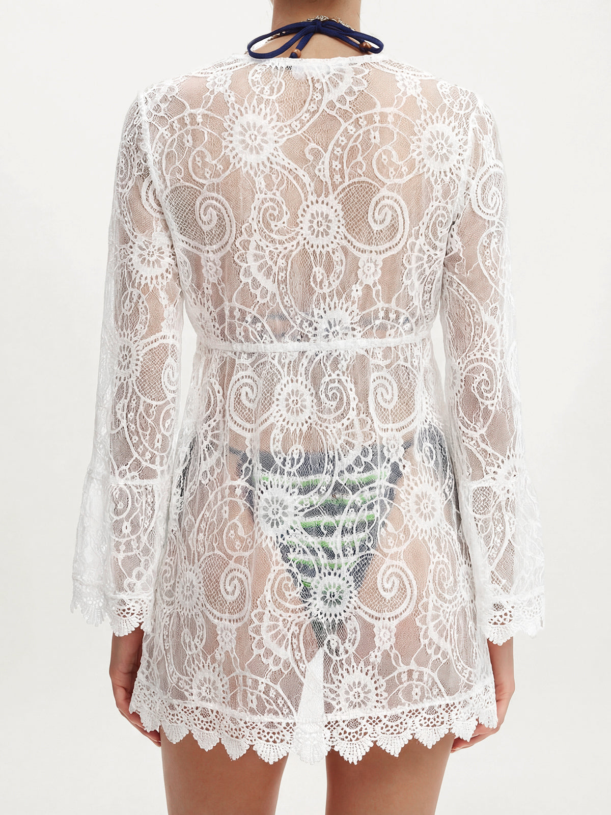 Sexy Scalloped Deep V 3/4 Sleeve Beach Floral Lace Cover Up Tunic