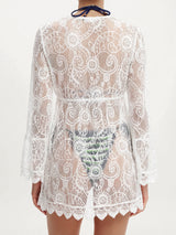 Sexy Scalloped Deep V 3/4 Sleeve Beach Floral Lace Cover Up Tunic