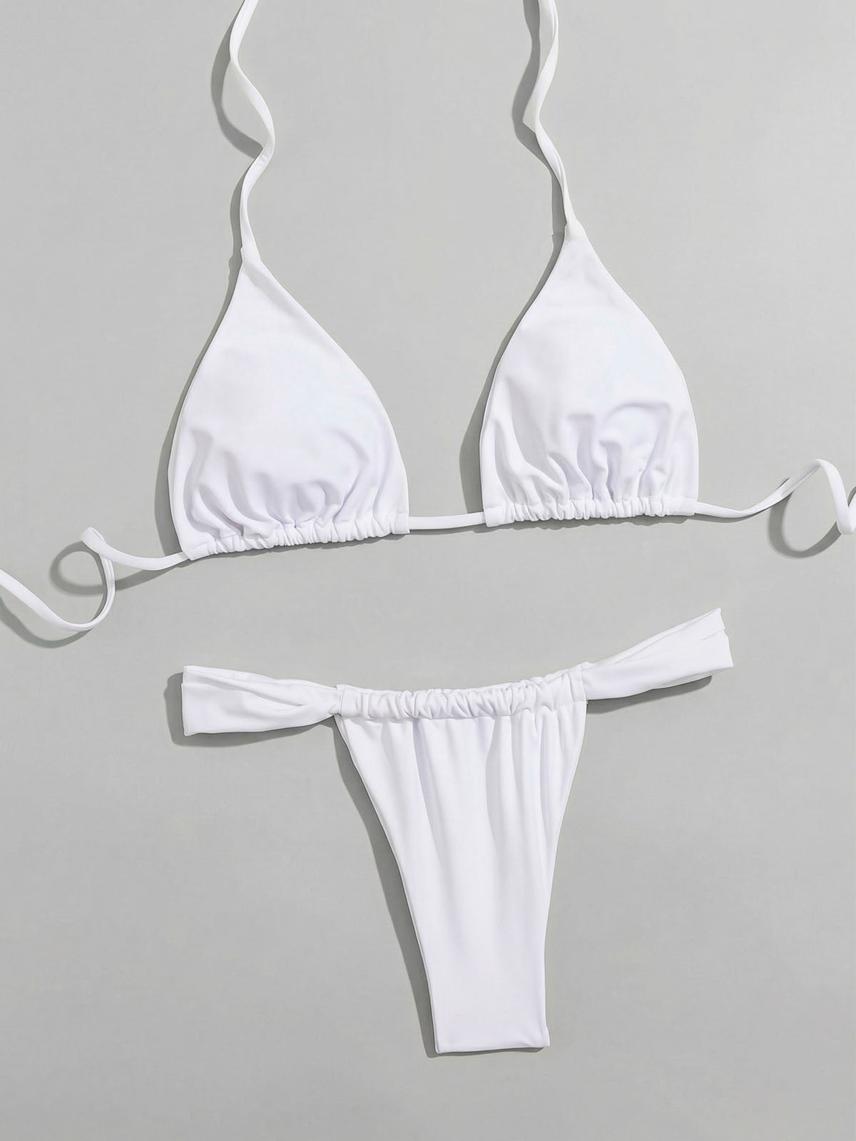 Sexy Solid Color High Cut Ruched Cheeky Halter Two Piece Bikini Set
