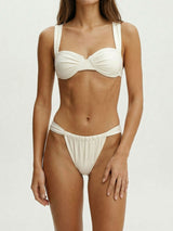 Sexy Solid High Cut Ruched Notch V Underwire Two Piece Bikini Set
