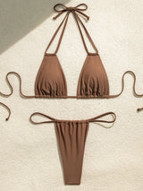Sexy String Ruched Cheeky Double Strap Halter Two Piece Bikini Set