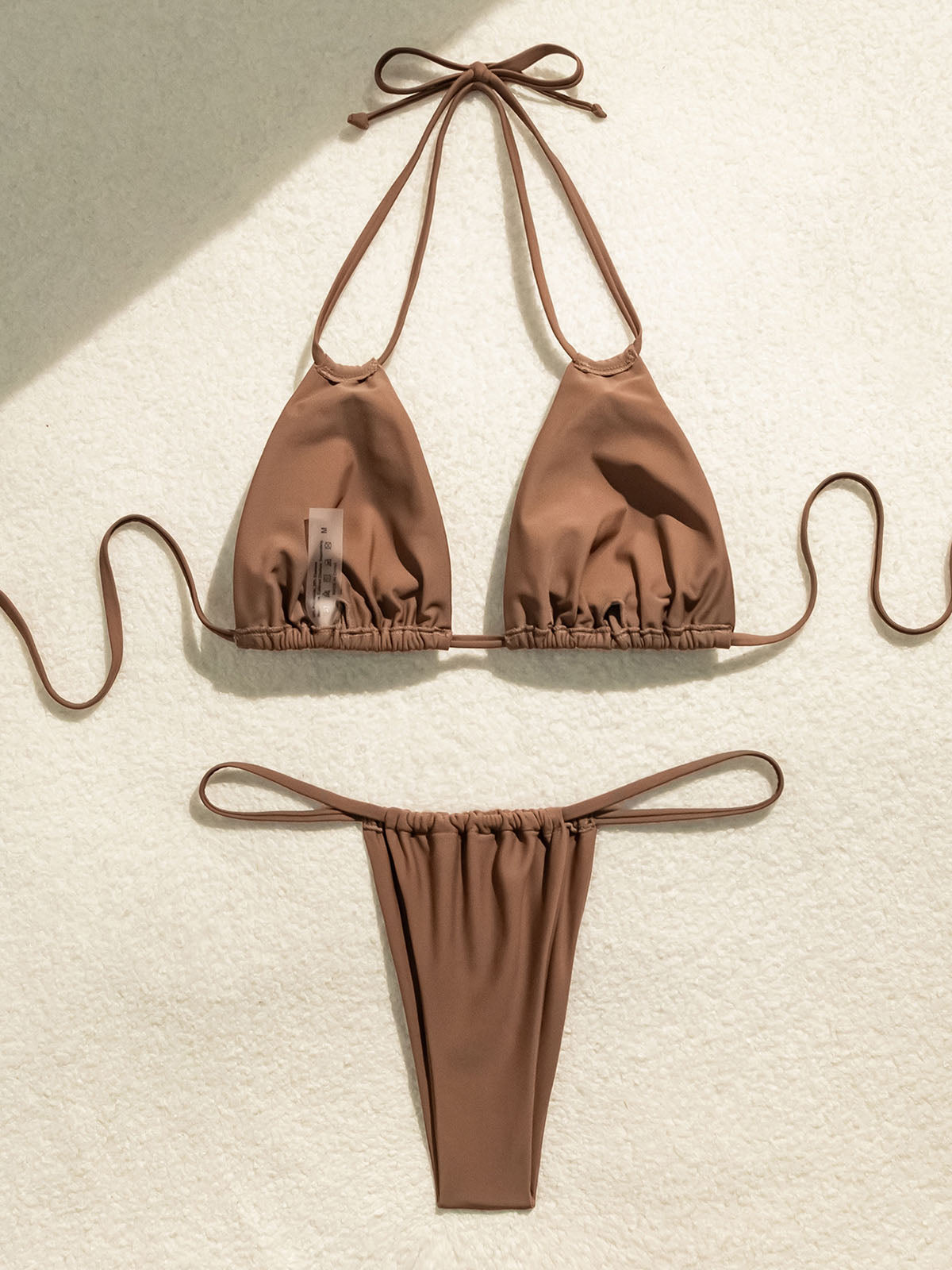 Sexy String Ruched Cheeky Double Strap Halter Two Piece Bikini Set