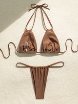 Sexy String Ruched Cheeky Double Strap Halter Two Piece Bikini Set