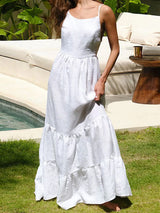 Sexy Tie Back Cotton Blend Resort Ruffle Tiered Maxi Sundress