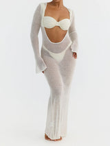 Sheer Knit Cover Up High Cut Ruched Underwire Three Piece Bikini Set