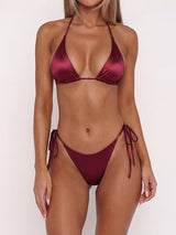 Sparkly Satin Tie Side Cheeky Halter Triangle Two Piece Bikini Set