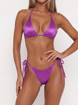 Sparkly Satin Tie Side Cheeky Halter Triangle Two Piece Bikini Set