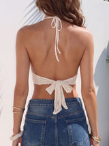 Sparkly Metallic Ring Cutout Resort Crochet Knit Plunge Halter Top