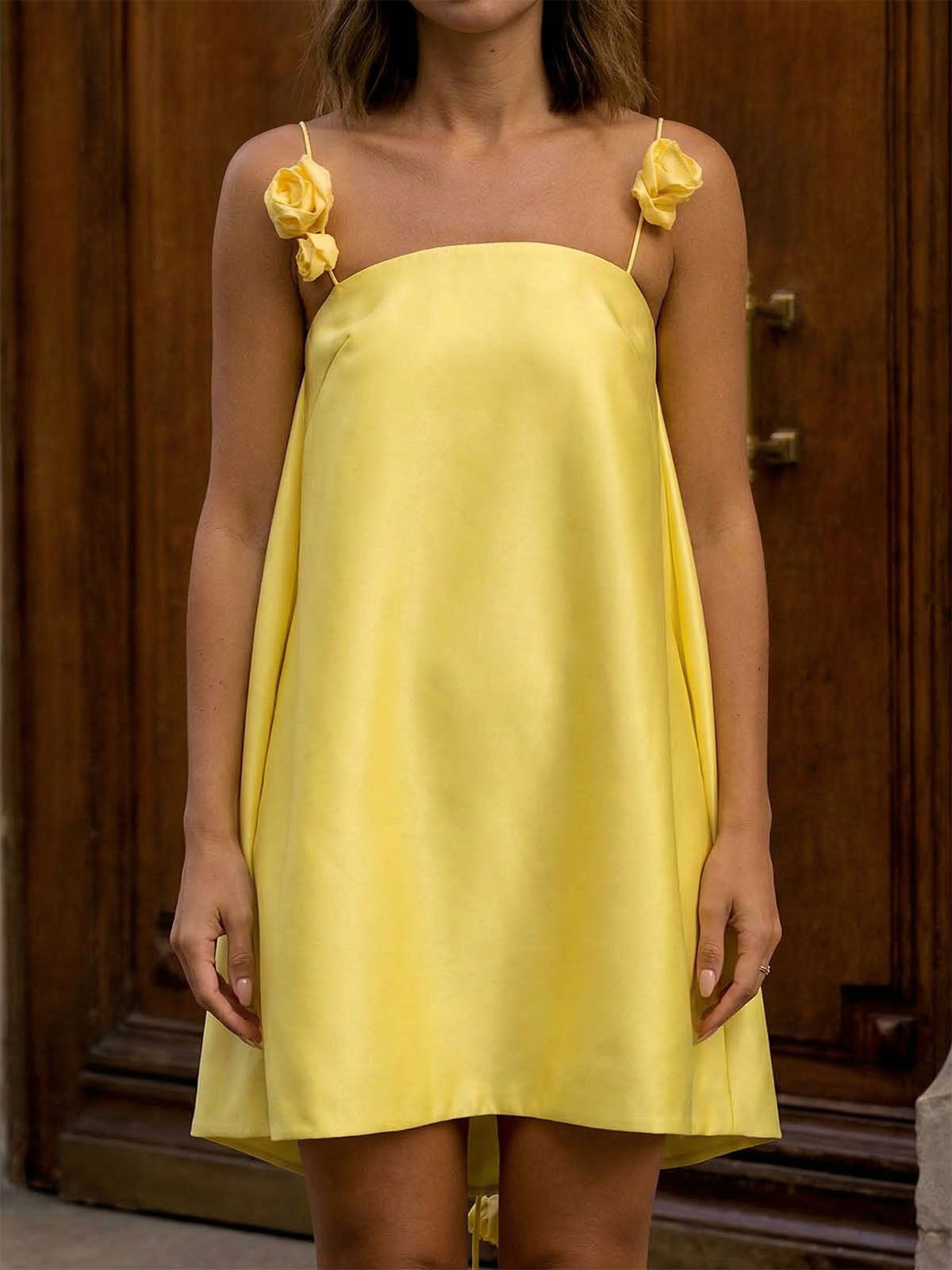 Sparkly Satin 3D Flower Spaghetti Strap Resort High Low Mini Sundress