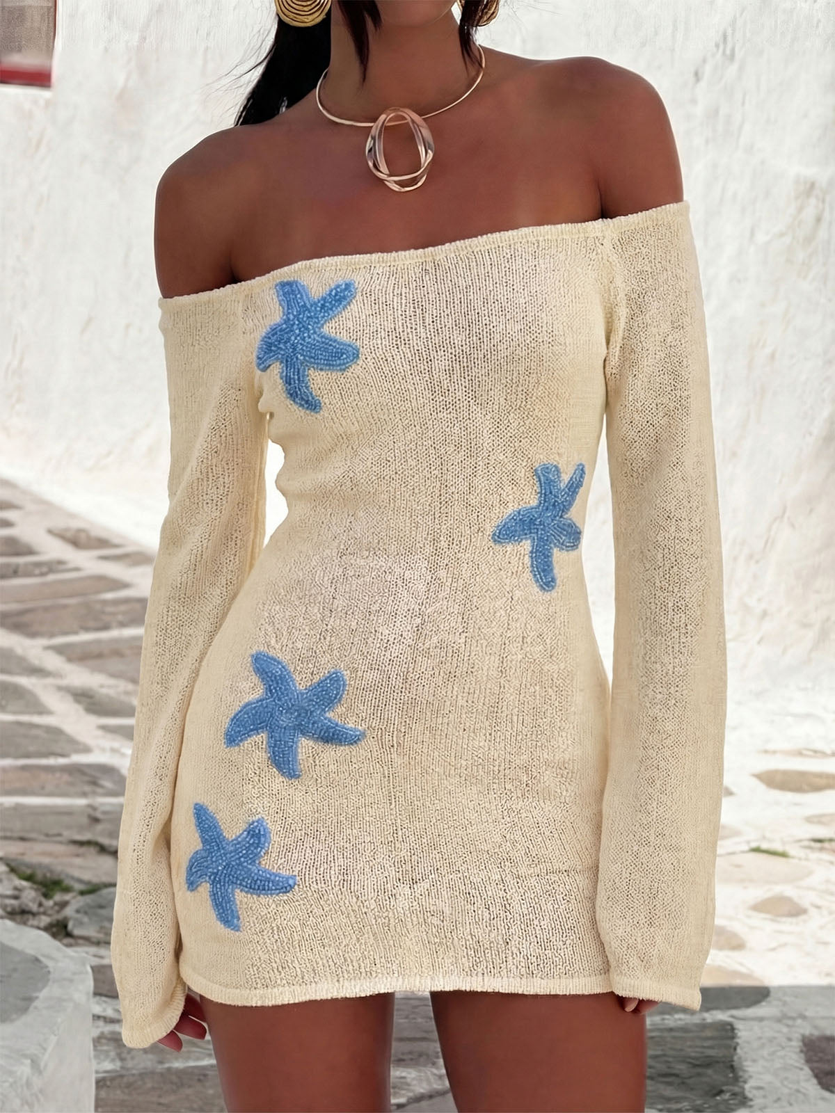 Starfish Applique Off Shoulder Resort Bell Sleeve Knit Mini Dress