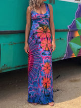 Sunburst Tie Dye Print Criss Cross Back Resort Summer Tank Maxi Dress