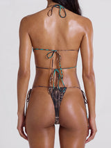 Swirl Print Tie Side Sparkly Metallic Shell Wrap Halter Two Piece Bikini Set