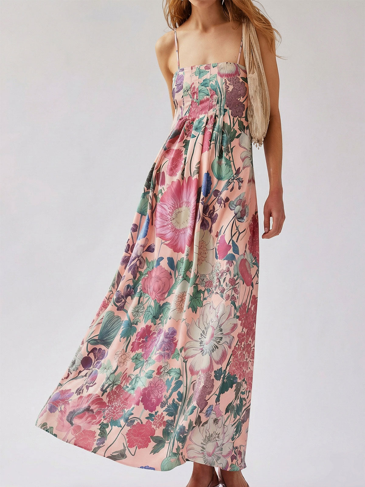 Tropical Floral Print Square Neck A Line Resort Pintuck Maxi Dress