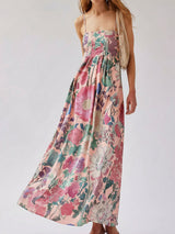 Tropical Floral Print Square Neck A Line Resort Pintuck Maxi Dress