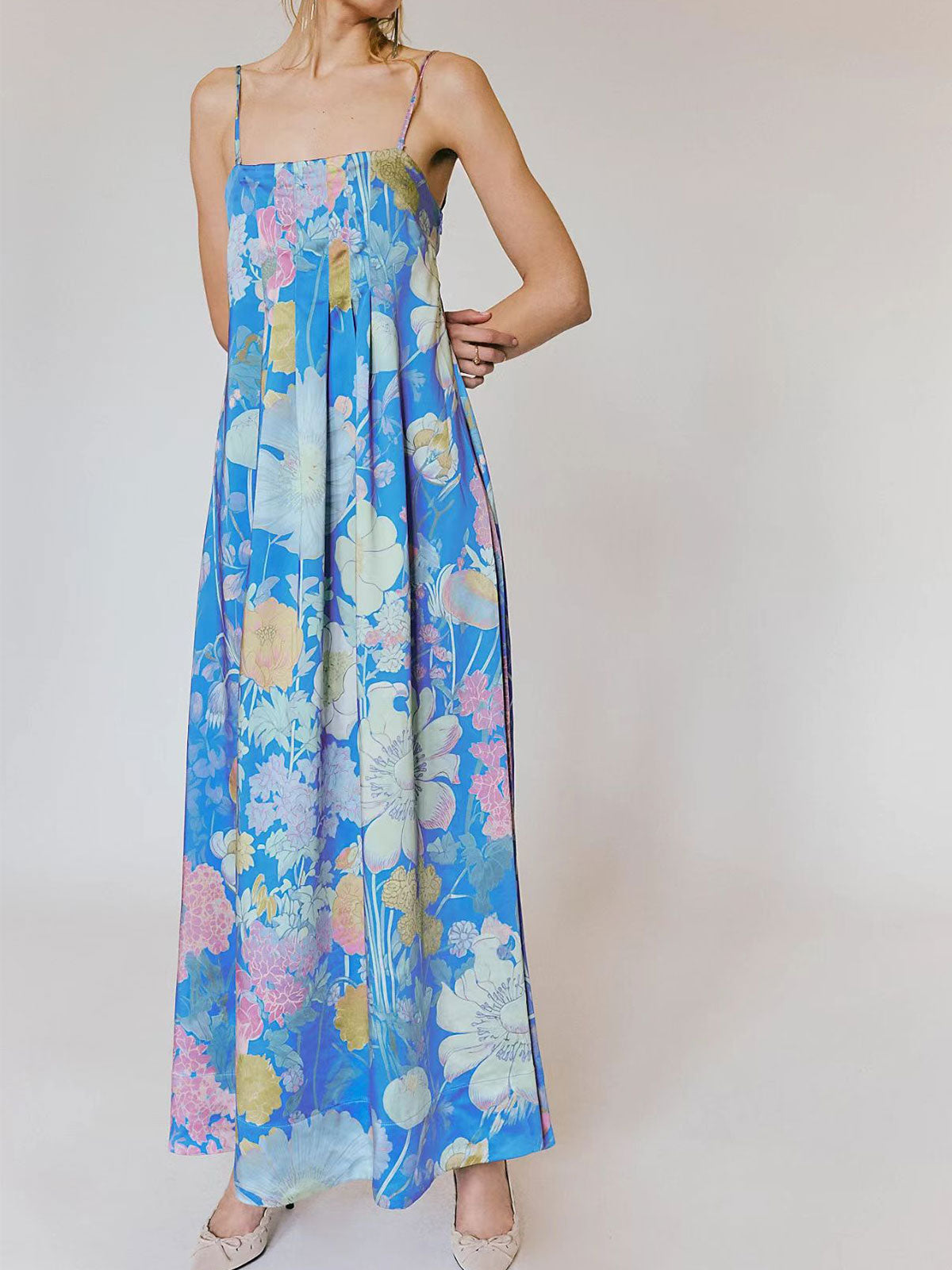 Tropical Floral Print Square Neck A Line Resort Pintuck Maxi Dress