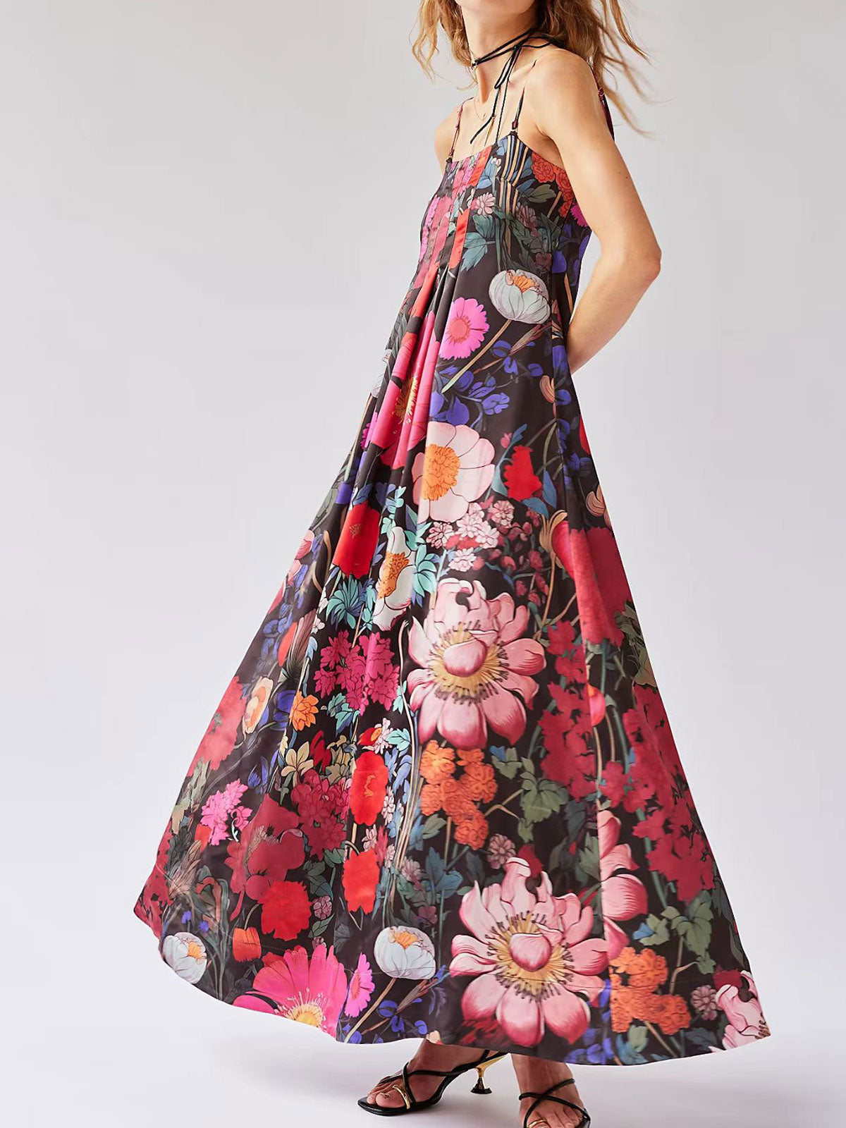 Tropical Floral Print Square Neck A Line Resort Pintuck Maxi Dress