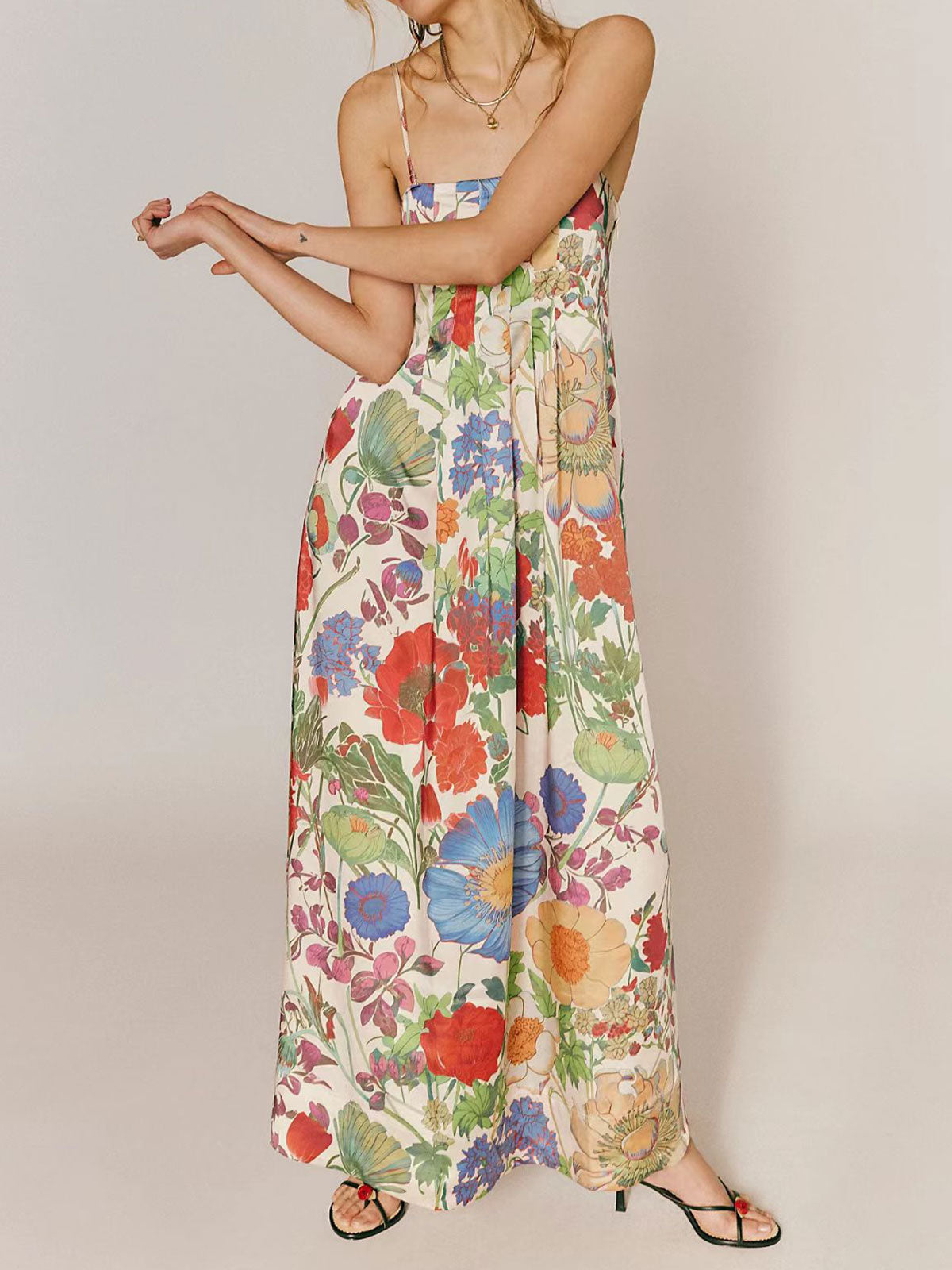 Tropical Floral Print Square Neck A Line Resort Pintuck Maxi Dress