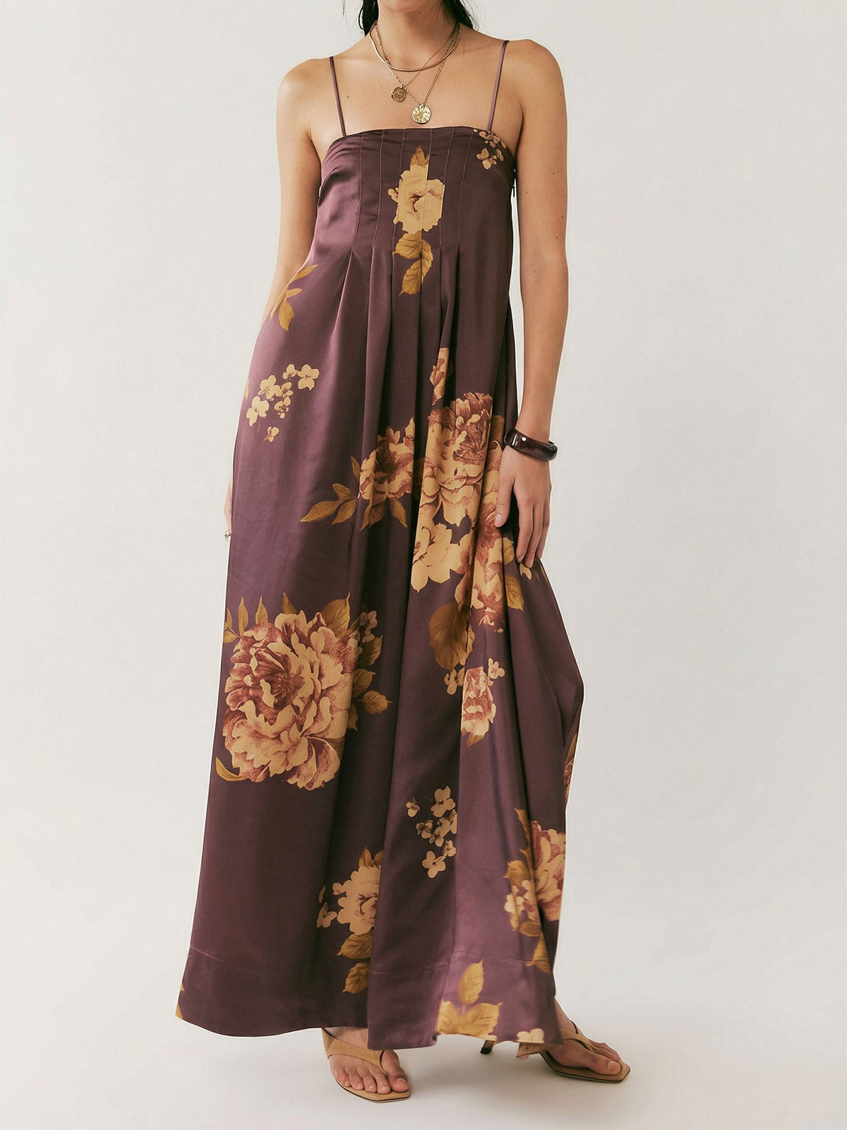 Tropical Floral Print Square Neck A Line Resort Pintuck Maxi Dress